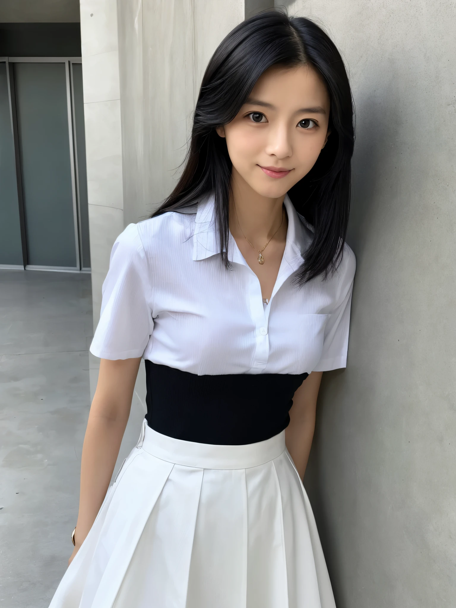 (High reality photograph, high resolusion, detailed face, detailed eyes) Japanese lady, 30 years old, cute face, skinny figure, very skinny waist, black hair, alone in a photo, white shirt, black skirt