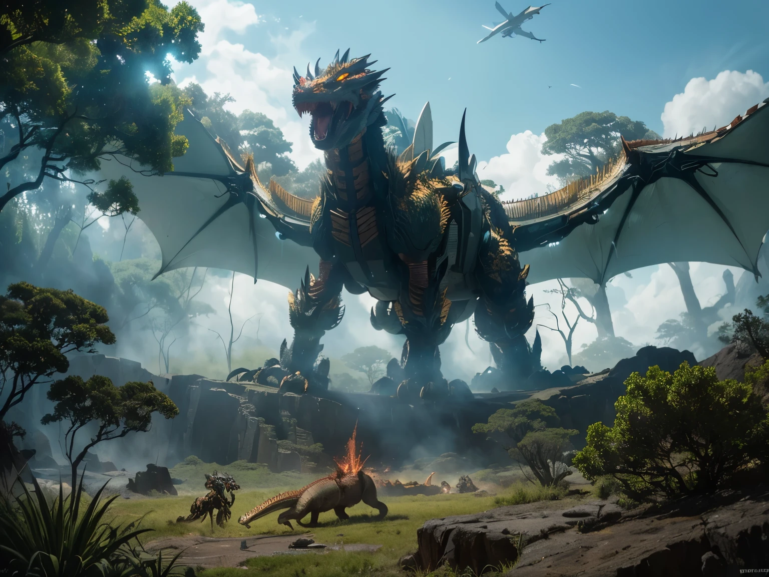 The battle takes place in a vast, ancient forest.
The prehistoric Robot Dragon, while the futuristic Robot dragon fires lasers from its eyes.
The prehistoric dragon is larger and stronger, but the futuristic Robot dragon is faster and more agile. (Realistic, cinematic, 8k detail)