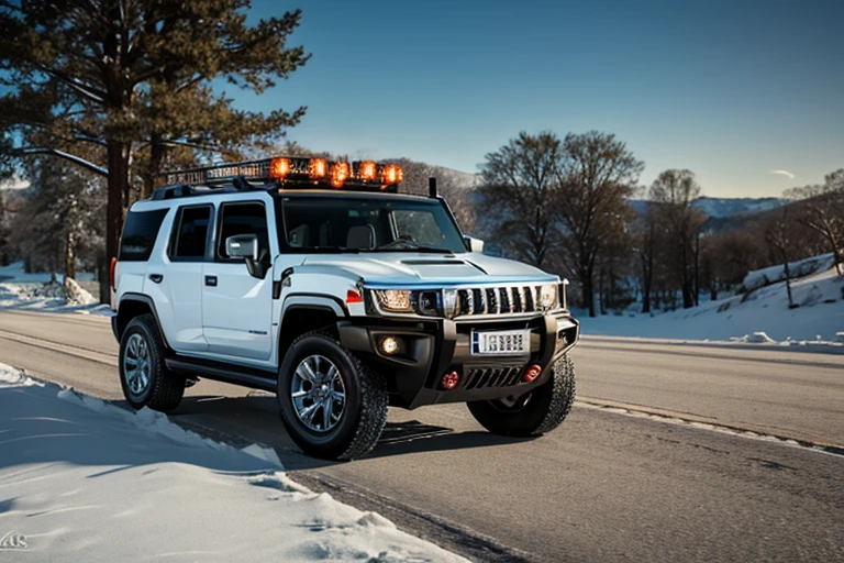 car photography, hummer vehicle (good composition), centered, 8k, 4k, detailed, attractive, beautiful, impressive, photorealistic, realistic, cinematic composition, volumetric lighting, high-resolution, vivid, detailed, stunning, professional, lifelike, crisp, flawless, DSLR, 4k, 8k, 16k, 1024, 2048, 4096, detailed, sharp, best quality, high quality, highres, absurdres, maximum detail, hard rim lighting photography, hyper realism, high detail, 8k, HDR, UHD, winter, snow snowfall, outdoors