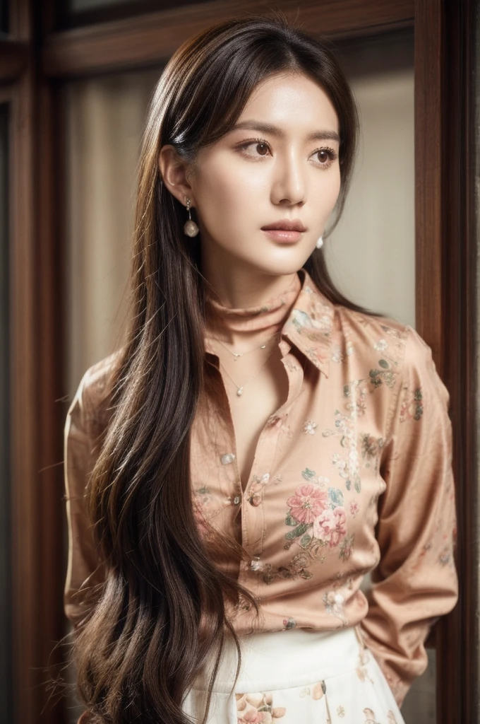 Li Yunsi,1girl,pleated skirt,jewelry,turtleneck,earrings,brown hair,necklace,long hair,brown eyes,(floral shirt:1.2),shirt,best quality,masterpiece,illustration,an extremely delicate and beautiful,CG,unity,8k wallpaper,Amazing,finely detail,masterpiece,official art,extremely detailed CG unity 8k wallpaper,incredibly absurdres,huge filesize,ultra-detailed,highres,extremely detailed,beautiful detailed girl,realistic,full frontal,full body
