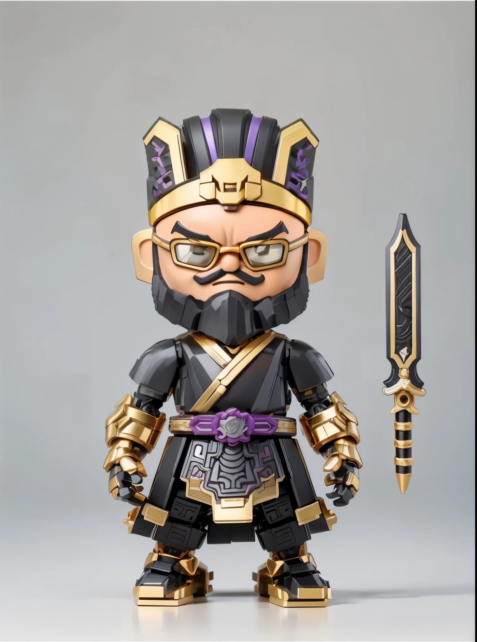 3d style，Brooke Infinite Heroes，（Mecha warrior building block toy man），Black and gold ancient mecha armor，Puppet joints，Cold sword weapon，（Black thick beard，wear glasses），whole body，open stance，Chinese ancient style，Mecha elements，《Romance of the Three Kingdoms》，