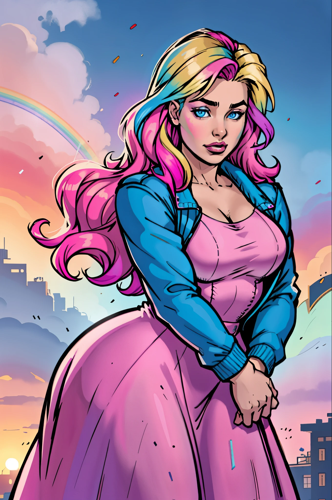 Transgender Female, Kitch, blue eyes, solo, voluptuous, long hair, jacket,outdoors, pride theme, rainbows, parade, pink dress, specular highlights, side lighting, detailed face, detailed eyes,