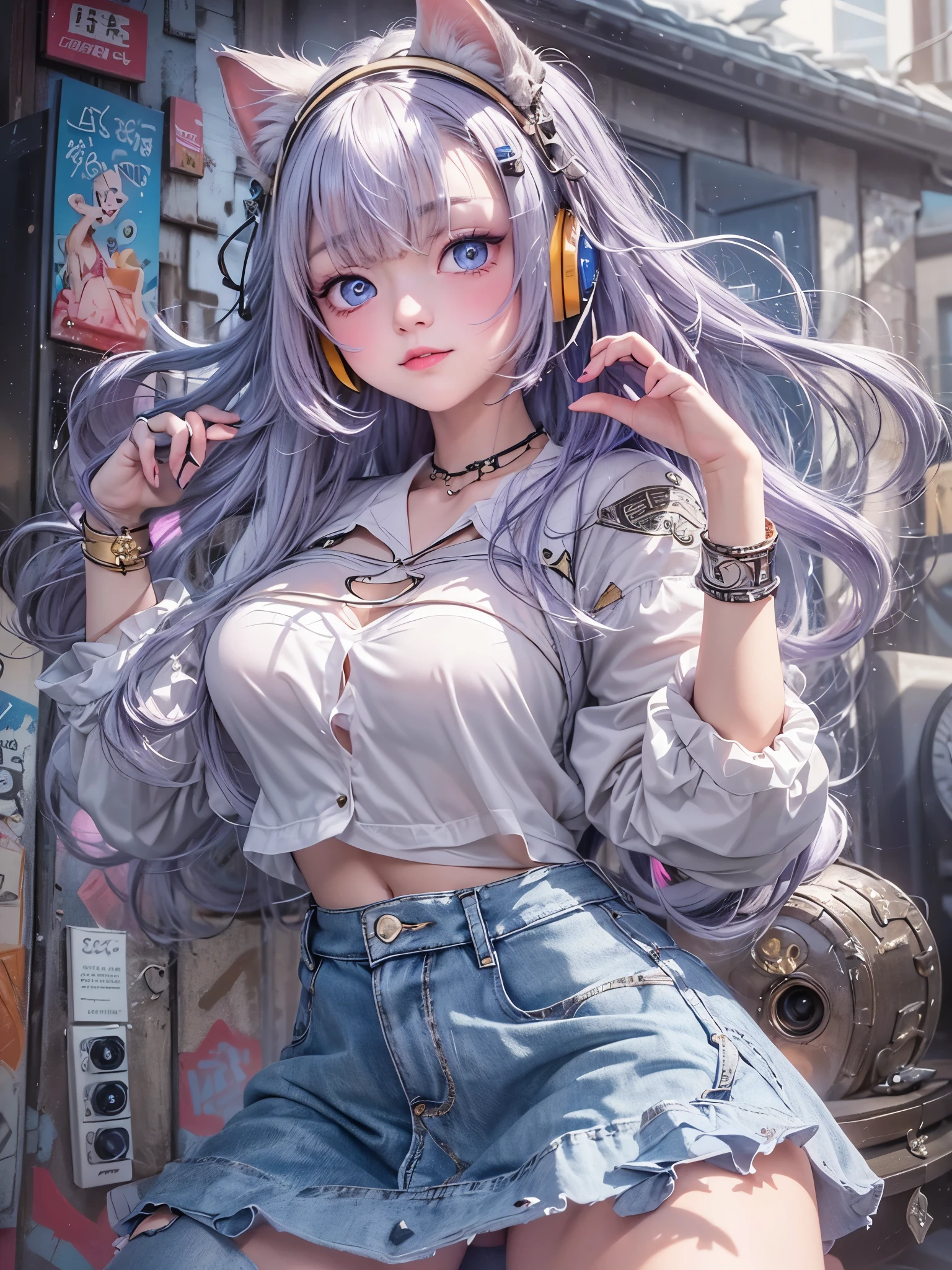 (8K、master piece、highest quality、highest level、Highest image quality、muste piece、intricate details、high resolution、depth field、Natural light、professional lighting)、(one girlish girl)、solo、(cute:1.2)、very beautiful 20 year old cartoon girl、(high detail skin: 1.2)、Photorealistic anime girl rendering、Realistic anime 3D style、beautiful bright purple long hair、強烈なred eyes、strong eye highlights、very big breasts、perfect anatomy、((cat ears、Wearing white lingerie、blue denim miniskirt))、decorative choker、metal accessories、hands behind the back、beautiful long hair、crossed bangs、asymmetrical bangs、bob cut、stick out ears、eyelashes、red eyes、very mysterious smile、Attractive、(sophisticated headphones)、Body shiny with oil、((thighs open、spread your legs、Lying、squat、I can see my pants、Draw so that the crotch cloth of the white underwear is visible.、Skirt flip))、((破れてボロボロの損傷したblue denim miniskirt))、(graffiti:1.5)、paint splashes、put your hands behind your back、towards the wall、When I look through the viewfinder、bracelet、thigh strap、Body Painting、head tilt、blonde hair、iris blue eyes、(Body shiny with oil)、Complex clothing、intricate details、(Pants visible from skirt)、Panties fully visible、(showing off her panties)、panties look good、Angle from feet、angle from below、Angle looking up from below、Crotch show off、(lewd girl:1.2)、