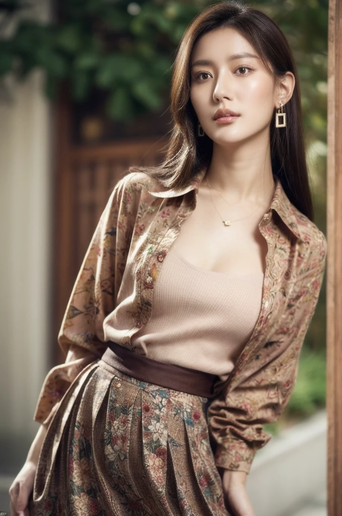 Li Yunsi,1girl,pleated skirt,jewelry,turtleneck,earrings,brown hair,necklace,long hair,brown eyes,(floral shirt:1.2),shirt,best quality,masterpiece,illustration,an extremely delicate and beautiful,CG,unity,8k wallpaper,Amazing,finely detail,masterpiece,official art,extremely detailed CG unity 8k wallpaper,incredibly absurdres,huge filesize,ultra-detailed,highres,extremely detailed,beautiful detailed girl,realistic,full frontal,full body