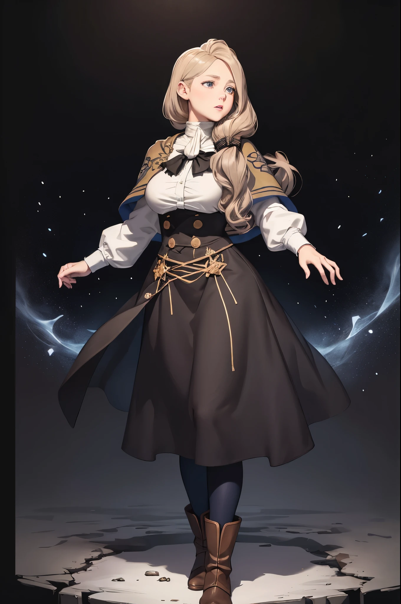 masterpiece, best quality, defMercedes, capelet, hair bow, white shirt, black skirt, blue leggings, brown boots, standing, whole body, black background, large breasts, simple background, FEH, casting magic, holy magic, white theme 