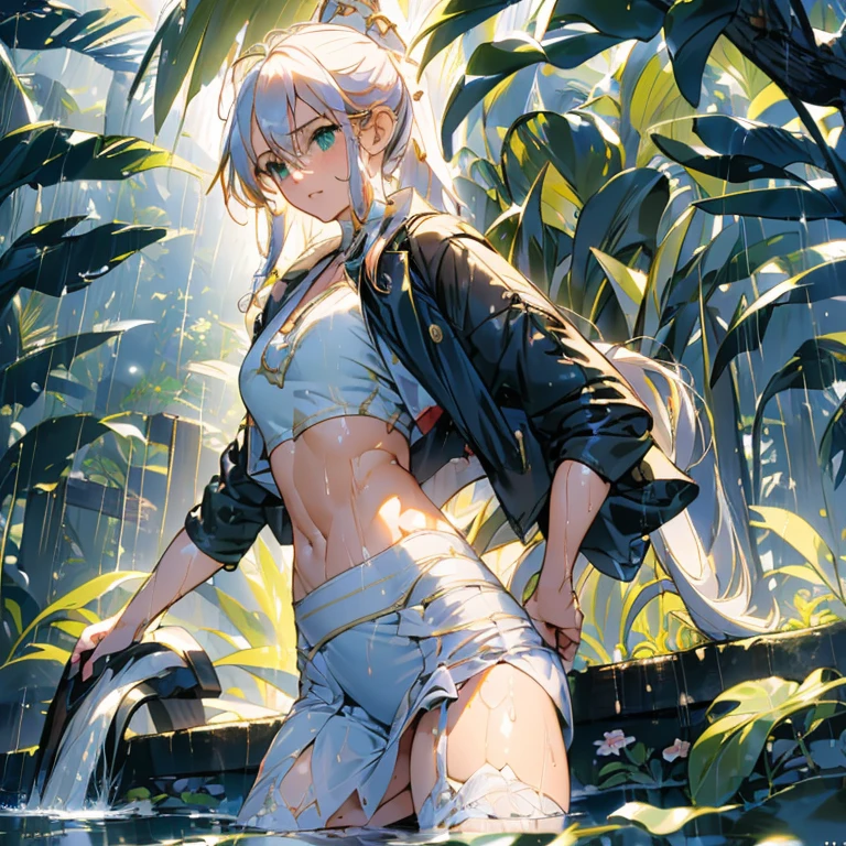 (((profesional: Paso a paso, taking into account even the smallest detail, Resultado final Nivel Dios, cuerpo entero con detalles intrincados, solo 1 chica, imagen: todos los detalles intrincados, obra maestra))): "Calidad 3, Wet anime, hiper detalles, Wet anime -yeld whiwoman with random colored hair Wet hair tied back with a red ribbon Her eyes are the same color as her wet hair, delgado, ropa crop top blanco yminifalda vaquera, A jungle background under a constant torrential rain that soaked them, Wet Back Posture, mostrando su hermoso cuerpo 92 59 90, Cara coqueta, pedestal invisible,, film grain, colores fuji, contraste de luces y sombras, piel texturizada, dynamic pose, realismo, luz de sol, Alto contraste, pose muy sexy"