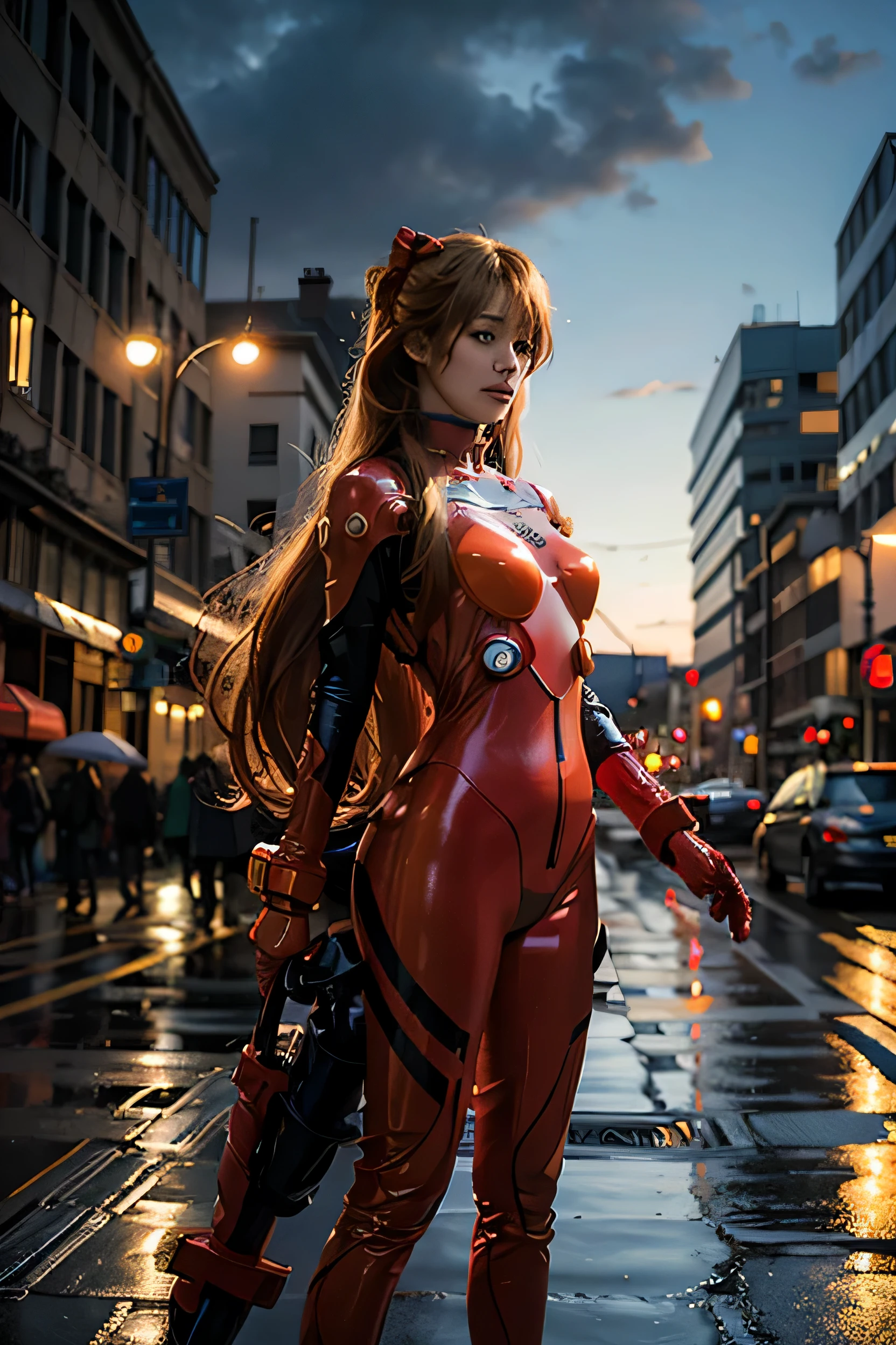 highest quality, masterpiece, realistic, photorealistic, 1 girl, alone, looking at the viewer, whole body, Are standing, long hair, asuka cosplay costume, cosplay, plug suit, body suit, hair ornaments, detailed background, on the road, night, light, rain, 