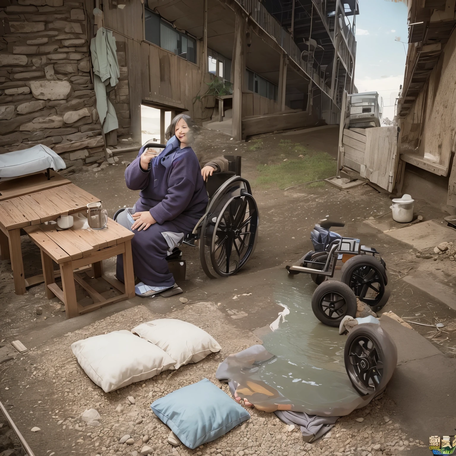 The background is a realistic riverbed and a factory in the distance.、The wheelchair is more realistic and mechanical, merging with the body.。The wheelchair has an artificial heart、There&#39;s a wrinkled old woman in a wheelchair.、My grandson is a boy with short hair.、Very energetic