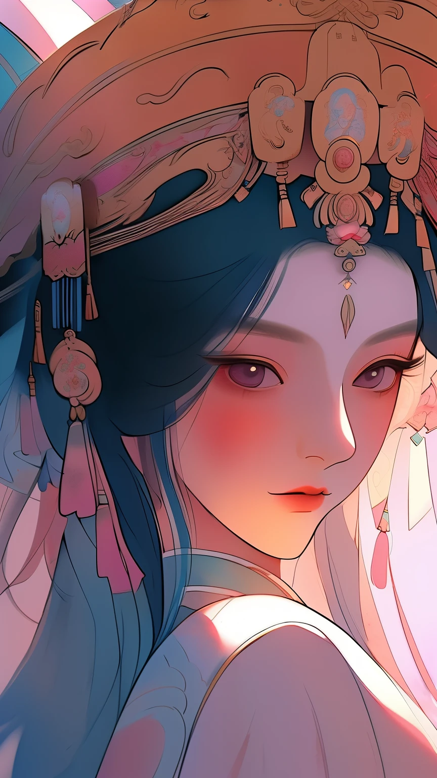 masterpiece,close up,Chinese classical style women,Antique beauty,Ink smudge,watercolor smudge,beautiful young woman,Dunhuang style,long black hair,全身close up,station,Exquisite makeup,Chinese style,Gorgeous gilt headdress,Burnt blue jade,Pink Hanfu,hanfu,Chinese costumes,Big pink peonies,Pink and powder blue,The collision of two colors,Exquisite details,Warm lighting,Light and shadow rendering,HD,Super gorgeous details