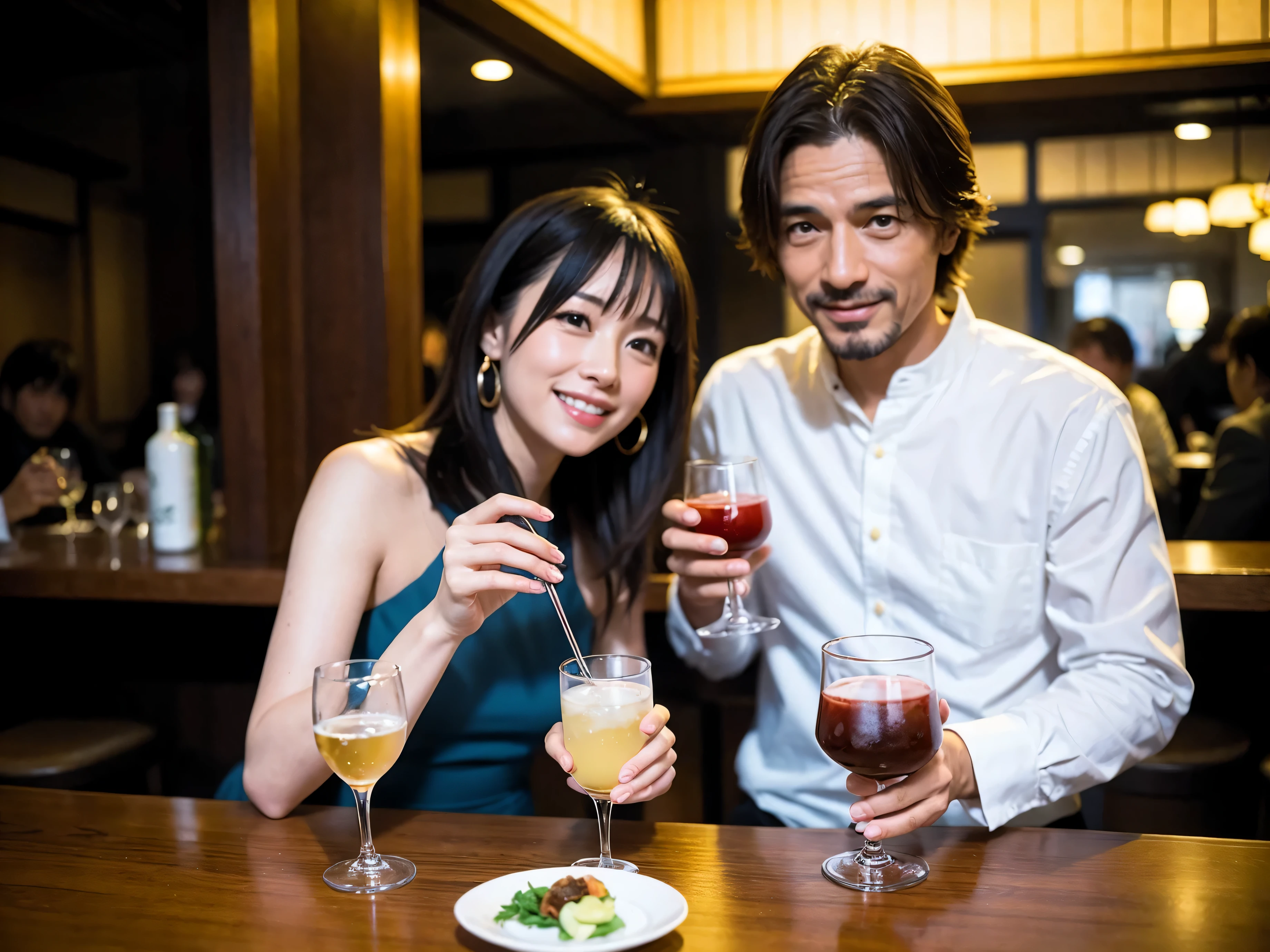 Detailed images that look like they were taken with a high-end camera、party、couple、banquet、Japanese sake、Shochu、hot sake、Japanese sakeファン、I love Japanese sake、because I'thin、Women who drink alcohol、36 years old、38 years old、Colombia、Brazilian、Japanese、Dutch、German、Portuguese、Belgian、chiri、American、french、Spaniard、Italian、Indian、Englishman、Cut your hair short、brown hair、beautiful woman with glasses and cup、Japanese sakeグラスとワイングラスには清酒が入っています.、720m of Japanese sake、1.You can also see the 8L sake bottle...、There is also Choshi、adult woman in her 30s、Have a nice smile while enjoying a drink.、The location is a hotel restaurant..、You can see the beautiful night view of the city outside the window..、The floor is the 1st floor、In the background you can see a man and a woman enjoying alcohol...。