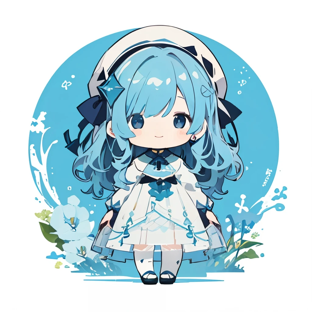 transparent watercolor、girl、Jewel Eyes、Beautiful arrangements and motifs、Depth of bounds written、flat avatar, 1girl, Smile, Light blue hair((medium hair、wavy hair)), hair with white tips, blue mesh hair、Fashionable Design Clothing((blue and white)),background white, Cute Girl, modest two tier dress clothes, sea motif、jellyfish motif、sea pattern tights、whale girl、Transparent cloth、exposed、teardrop jewel、light blue gems、whales