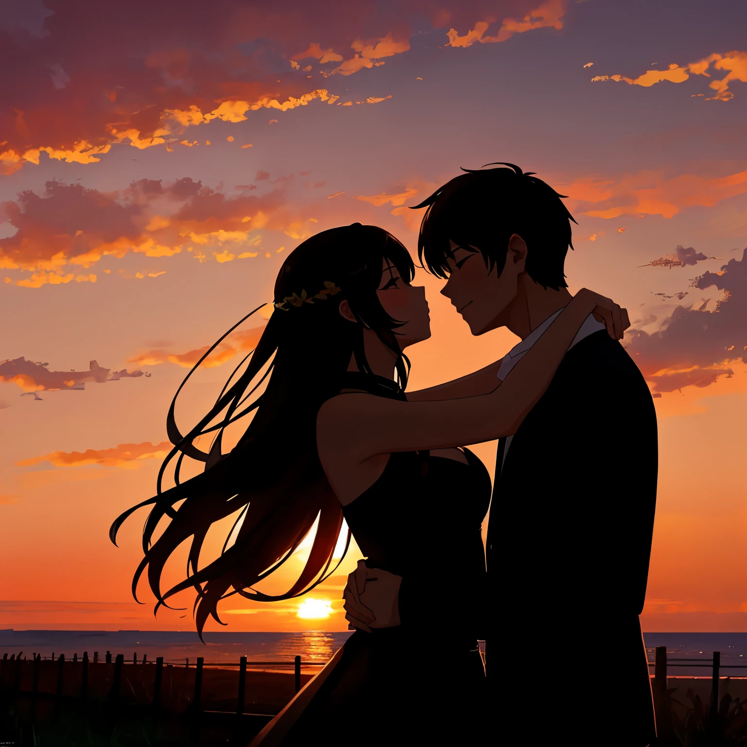 in Sunset，There was a man and a woman standing together, 绚丽Romantic夕阳, Romantic couple, romance novel cover, Love concept art, in Sunset, ((Sunset)), With the sunset, With the sunset, Sunset插画, emotional picture, lovely kiss, man and woman in love, , lover, cute couple, Romantic!!!, under the beautiful sunset