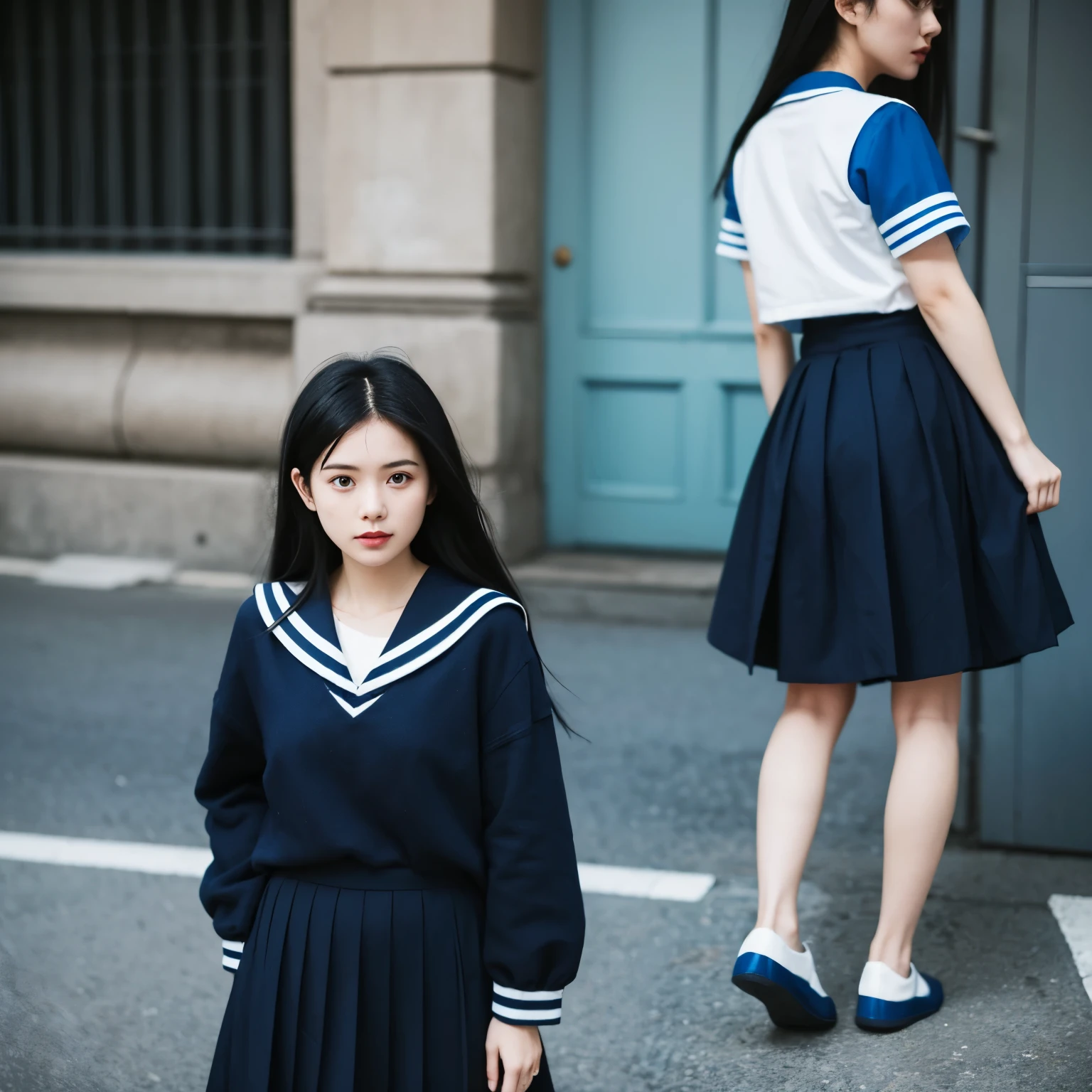 The girl with long black hair wearing a blue sailor uniform slightly lifted the hem of her skirt with one hand to reveal a blue and white striped skirt.