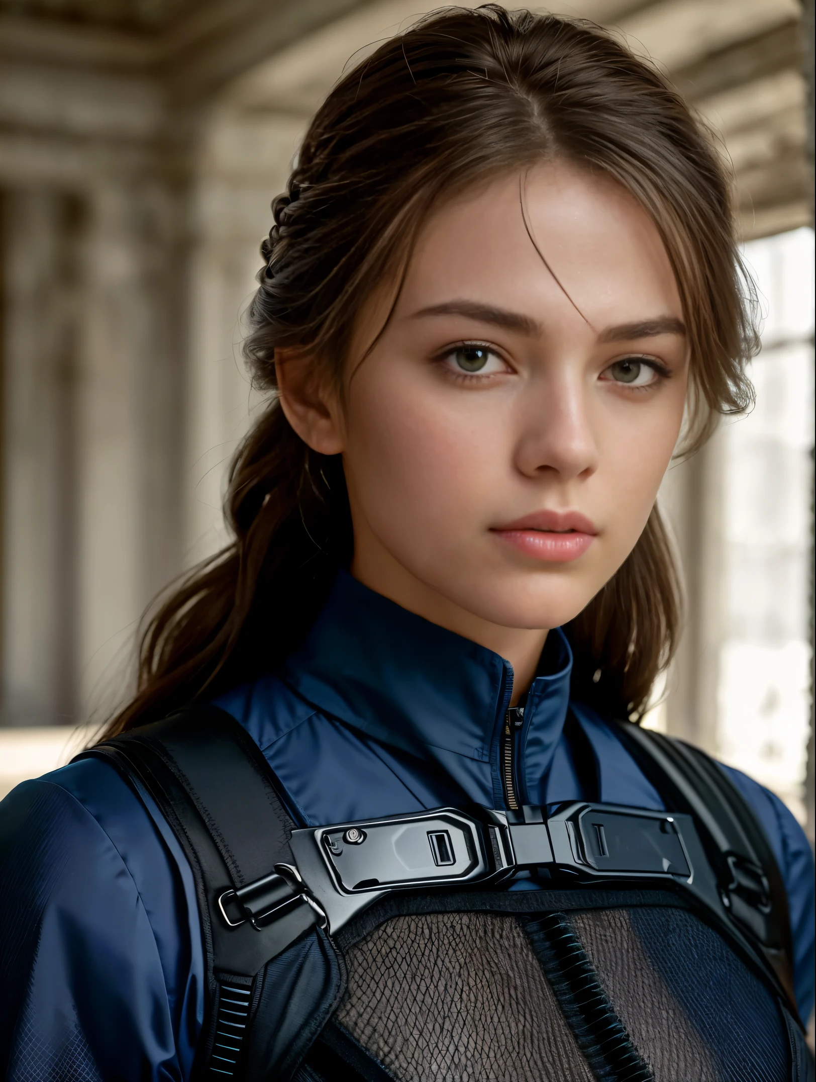 (8k, RAW photos, top quality, masterpiece: 1.2), (realistic, photorealistic: 1.37), (close up:1.5), (1 super beautiful girl), (slender and perfect figure), disheveled braid hair, professional lighting, photon mapping, (ultra detailed skin), (wearing dark blue nylon suit likes police uniform, military harness, yellow sunvisor), (normal breasts), ((bring machinegun)), serious, fires, smokes, destroyed buildings,