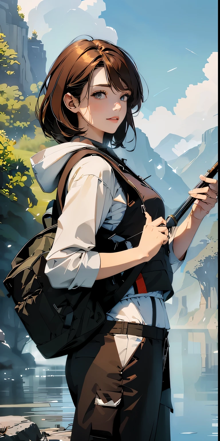 masterpiece、High resolution 8K、sharp focus、contrast lighting、ultra high resolution、ultra high resolution、Detailed CG、that&#39;that&#39;It&#39;s snowing、Low - Angle、full body shot、Beautiful woman、beautiful eyes、(detailed face and iace:1 2)、narrow eyes、almond eye、brown eyes、gradation eye、highlight:1.2)、(beautiful reddish brown hair、asymmetrical bangs、medium hair(small chest size) 、(oval face : 1.4)、(thin fingered arms、detailed human hand)、Woman fishing in the river、Beautiful and wide river、Flowing waterfall、rock surface、moss、forest、Mont、blue sky、Flowing clouds、vapor、mist、full body pose、Holding a fishing rod in your hand、Fishing lure rod、Outdoor Vest、hoodie、Waders、Long pants for fishing、Big backpack)、A woman fishing with a fishing rod in her hand pointing toward the water surface
