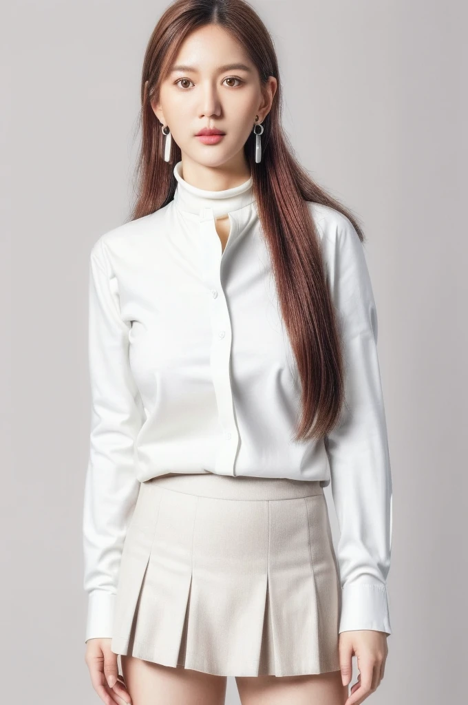 Li Yunsi,1girl,pleated skirt,turtleneck,earrings,brown hair,long hair,brown eyes,(white shirt:1.5),best quality,masterpiece,illustration,an extremely delicate and beautiful,CG,unity,8k wallpaper,Amazing,finely detail,masterpiece,official art,extremely detailed CG unity 8k wallpaper,incredibly absurdres,huge filesize,ultra-detailed,highres,extremely detailed,beautiful detailed girl,realistic,full frontal,full body