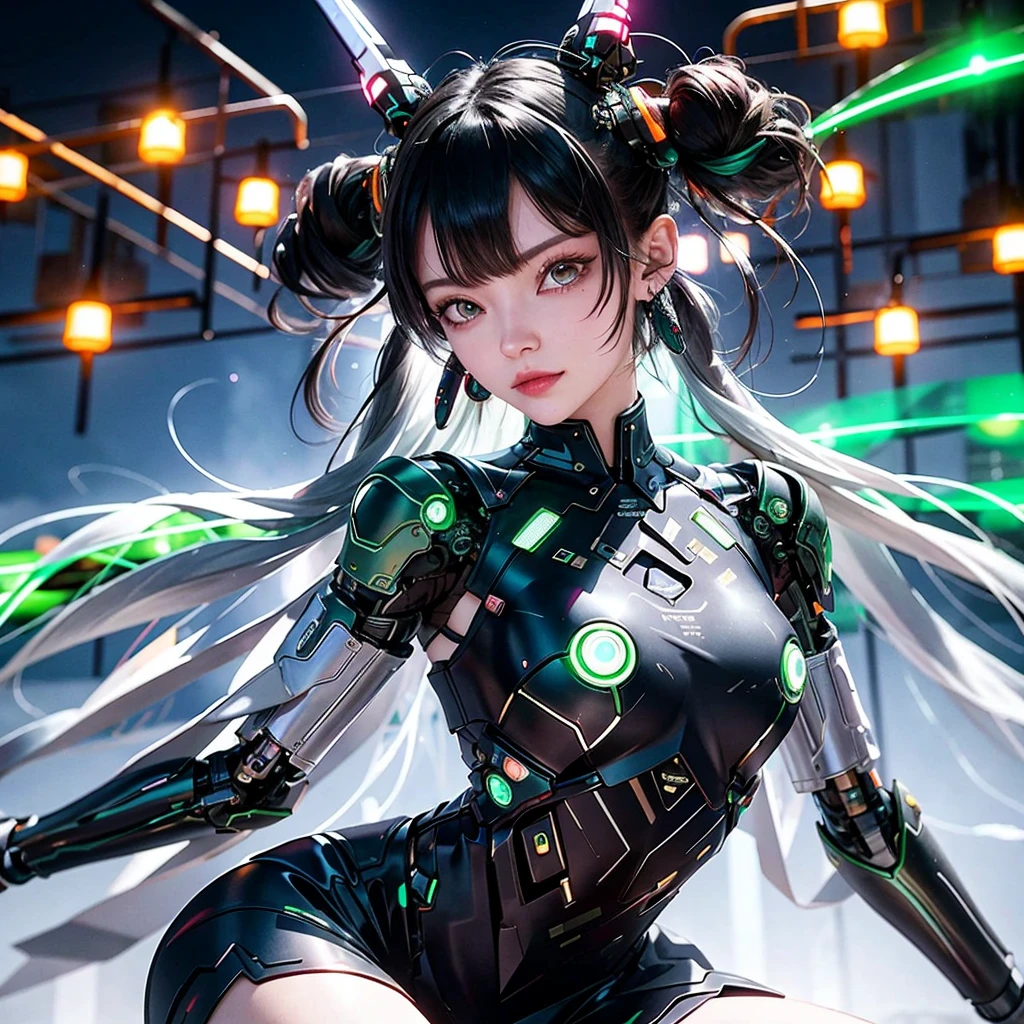 cute cyborg girl、long hair、sharp look、デジタルcyber punk、Portrait、future city、neon、cyber punk少女メカ、d cup bust、thighs、Shiny skin、Kneeling、Light、green, cyber city, China dress, cyber punk city, skyscraper、詳細な発Lightヘッドフォン, luminous hair accessories, long hair、Lightるイヤリング, glowing necklace, cyber punk, high tech city, Future、technology, 輝くneon, pink light, sexy skirt, digital background urban sky, big moon, with vehicle, 最high quality, masterpiece, 8K, character edge light, Cherry blossom dancing、Ultra high definition, high quality, The most beautiful women of mankind, smile, The face is facing forward.、earrings, long antenna glow, Beautiful pupils, Lightの効果, visual data, 、Super detailed facial texture, Happy and proud, weapon system, Mecha style, Wearing glowing antennae on the head, Back Injector, Girly sitting position, Side leg shrinkage