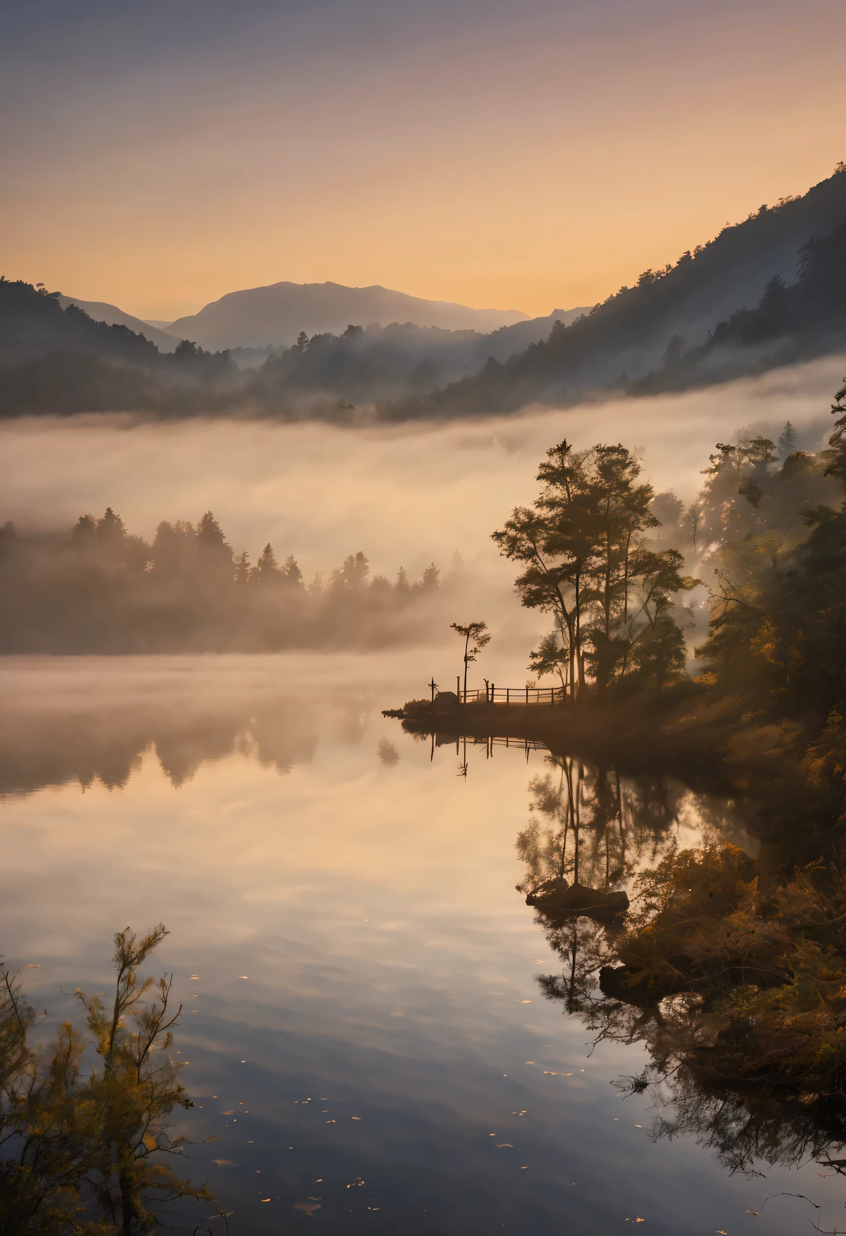 Depicting the tranquil lake surface in the morning mist, The lake there is as calm as a mirror, Reflecting the surrounding lush mountains and the light of dawn.