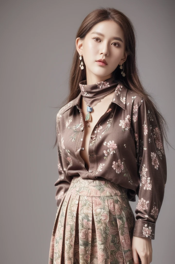 Li Yunsi,1girl,pleated skirt,jewelry,turtleneck,earrings,brown hair,necklace,long hair,brown eyes,(floral shirt:1.2),shirt,best quality,masterpiece,illustration,an extremely delicate and beautiful,CG,unity,8k wallpaper,Amazing,finely detail,masterpiece,official art,extremely detailed CG unity 8k wallpaper,incredibly absurdres,huge filesize,ultra-detailed,highres,extremely detailed,beautiful detailed girl,realistic,full frontal,full body