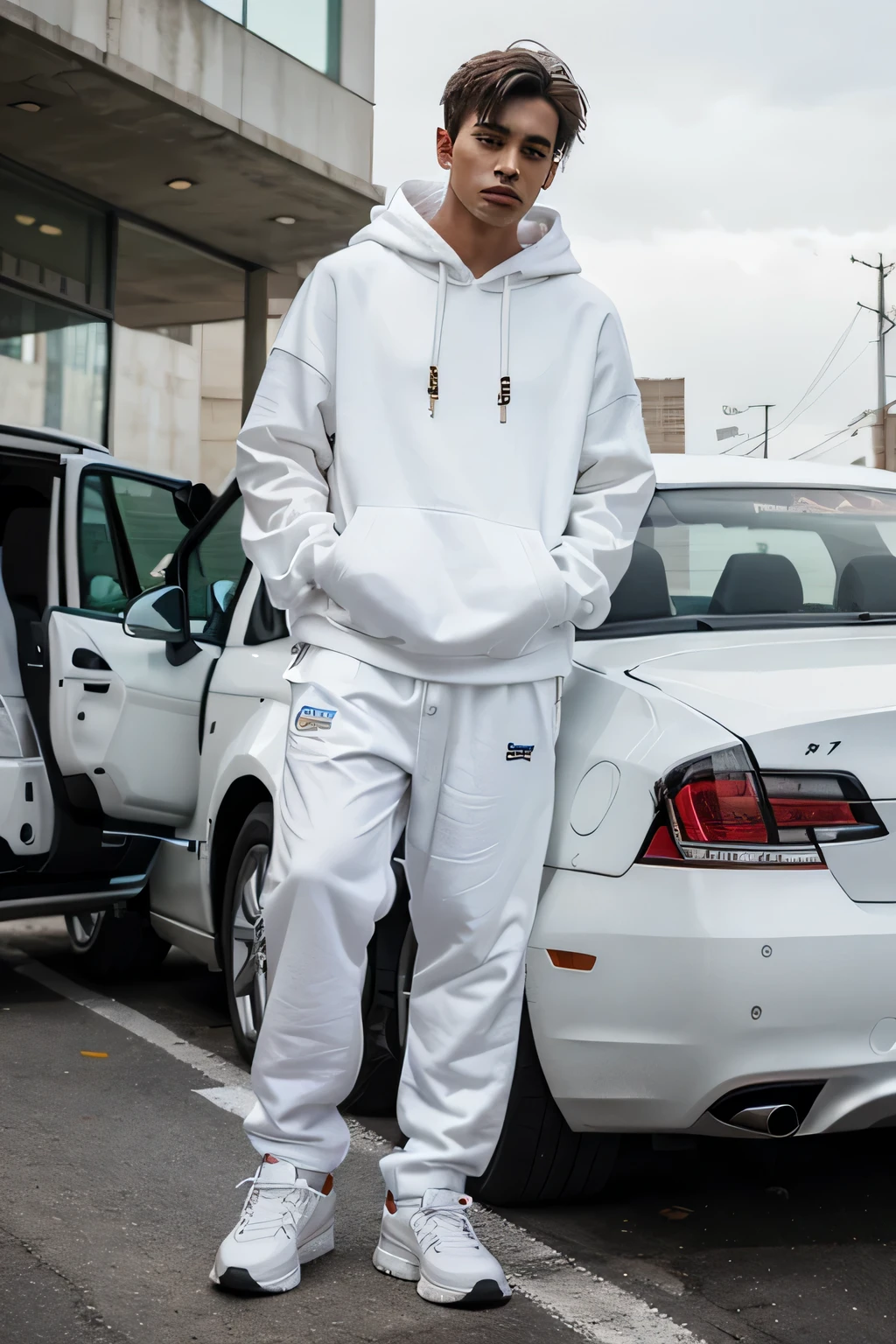 a full body swag man with white oversized hoodie abstract half pant lean on a car