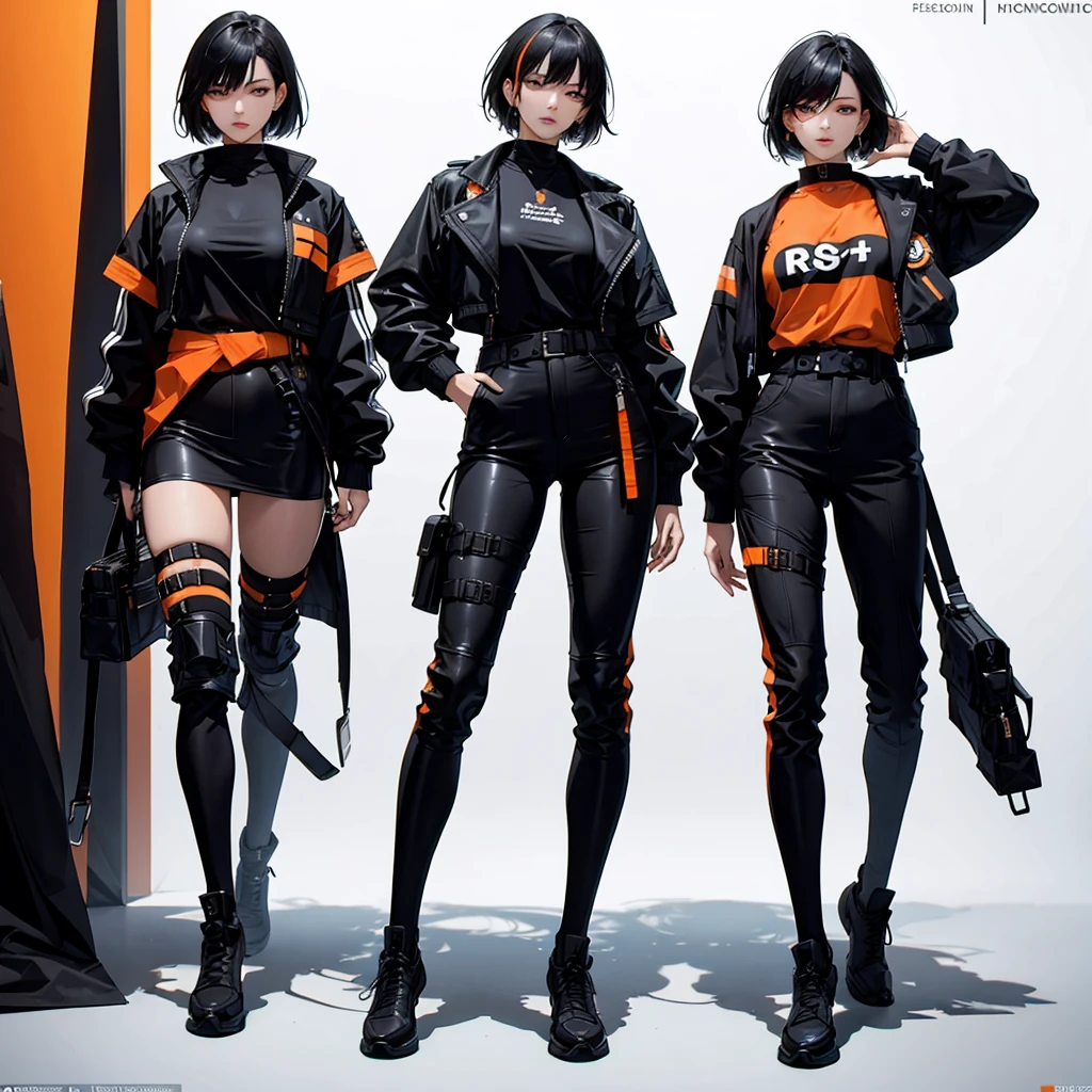 (((full body portrait)))
"Create a masterpiece, with a woman, from the front, short hair, black hair and the right of it with an orange streak, dressed in a black jacket, imposing, with a pistol on her waist, detailed her face and body and clothes. The resolution texture should be 16k."