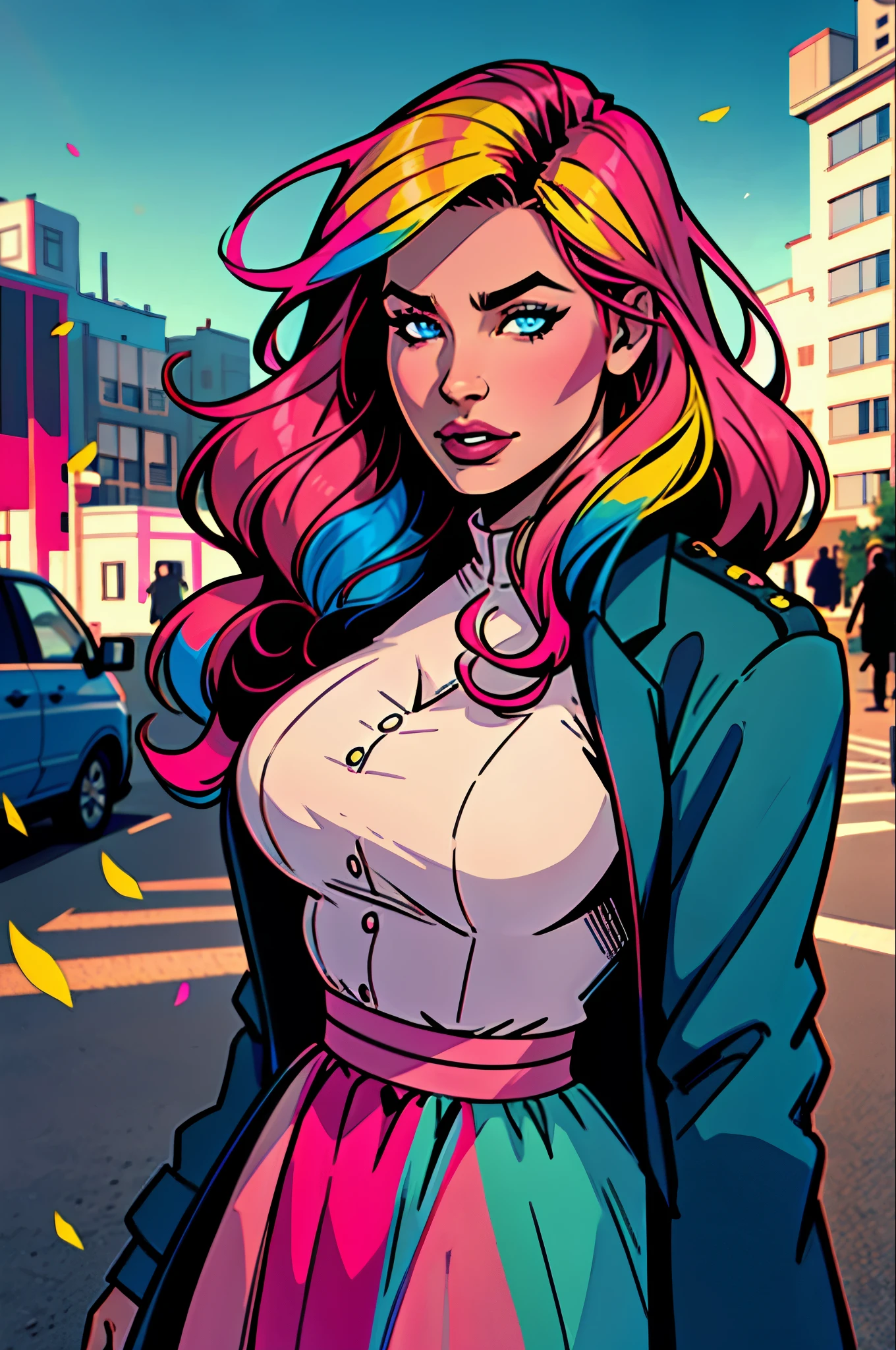 Transgender Female, Kitch, blue eyes, solo, voluptuous, long hair, jacket,outdoors, pride theme, rainbows, parade, pink dress, specular highlights, side lighting, detailed face, detailed eyes,