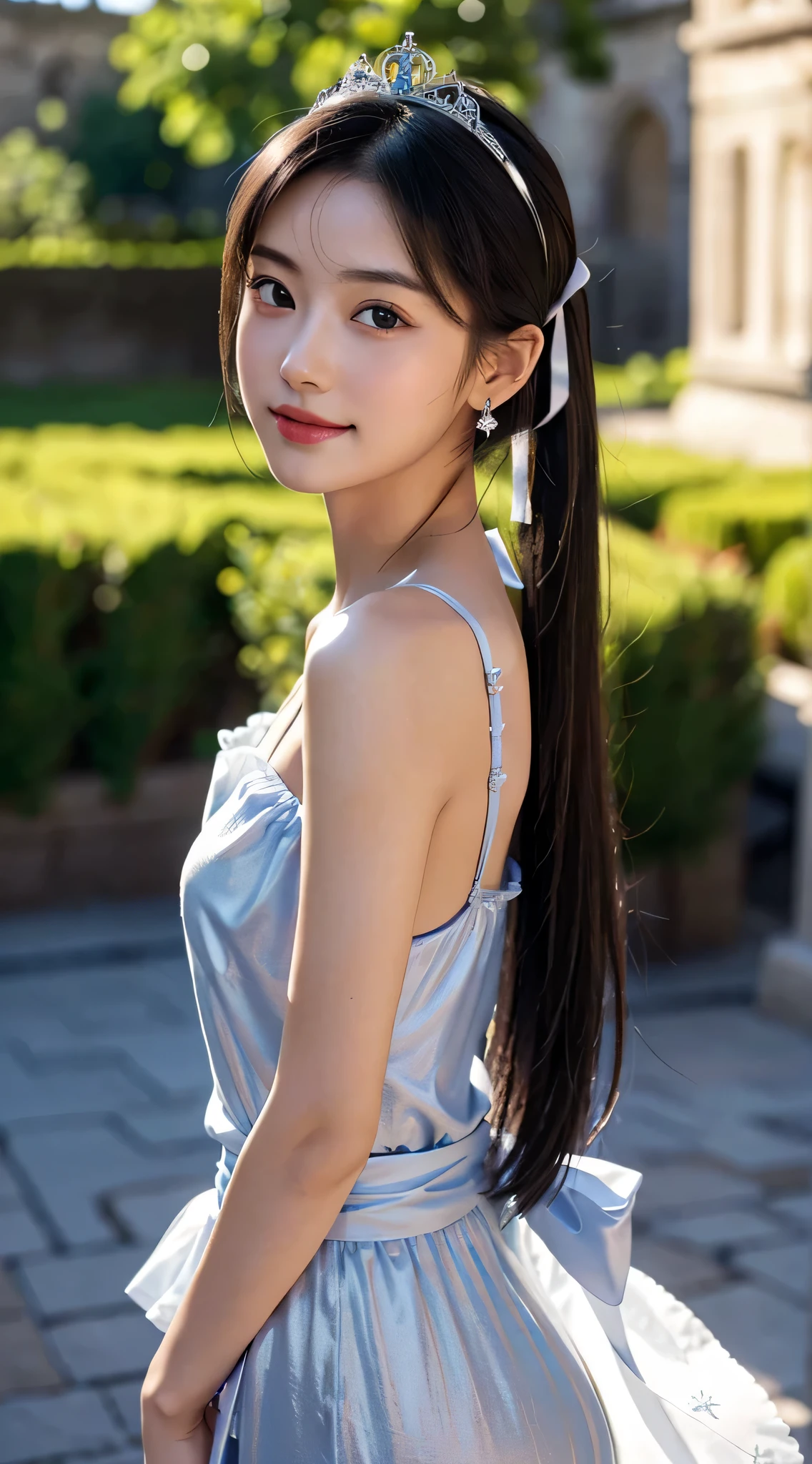 full body photo,table top, best image quality, high quality, background is clear，Beautiful woman, Japanese, be familiar with, be familiar with eyes, be familiar with skin, beautiful skin, 超High resolution, (reality: 1.4),very beautiful woman, A  young face, beautiful skin, thin, (ultra photorealisticim), (High resolution), (8K), (非常にbe familiar with) (beautiful detailed eyes), (超be familiar with),   (be familiar with face), view viewer, small details, be familiar with face, smile, look straight ahead, look straight ahead, reality的な写真, bright lighting, professional lighting, black hair, ,ponytail,baby fars old,髪型ar a ribbon,ロングのponytailの髪型,Angle from the waist up,Stand and pose,wear earrings,in front of a medieval castle,Dress like a princess,She wears a shining silver tiara on her head..