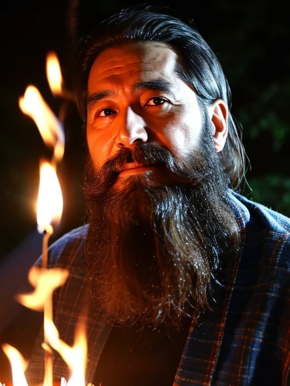 news photos, Japanese, night, male, uncle, 50 years old, long beard, His beard is long enough to touch his legs., Having a bonfire, My beard looks like it's on fire