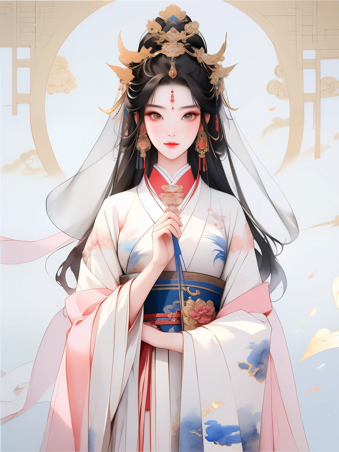 masterpiece,close up,Chinese classical style women,Antique beauty,Ink smudge,watercolor smudge,beautiful young woman,Dunhuang style,long black hair,veil,上半身close up,station,Exquisite makeup,Chinese style,Beautiful rendering of the Tang Dynasty,Gorgeous gilt headdress,Burnt blue jade,Pink Hanfu,hanfu,Chinese costumes,Exquisite details,Warm lighting,Light and shadow rendering,HD,Super gorgeous details, 8k high quality detailed art