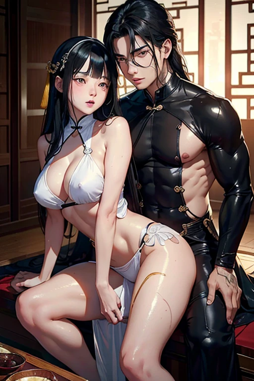 NSFW, (((photographrealistic))), (Shiny skin), (nffsw, in 8K,Wallpaper, High resolution), Perfect Anatomy, Cinematic lighting, Physically-based rendering, Award-winning, highlydetailed skin, extra detailed face, Eyes with beautiful details, Carl Zeiss 85mm F/1.4, (1 man and 1 girl, a couple:1.5), 1 17 year old Chinese girl and 1 15 year old young boy, Girl(black long hair),(no fringe), (yellow eye colour) wearing long white thin silk Hanfu with a very low neckline, wet clothes, big breasts, spread legs, superior expression, elegant face, sexy, seductive, sensual, tattoo on right shoulder, in a luxurious Chinese ancient palace, a 15 year old shirtless muscular boy in front of the girl, the boy has tongue out, the boy is kissing the girl's breasts, the boy is touching her underwear, boy has big and muscular body shape and wide shoulders