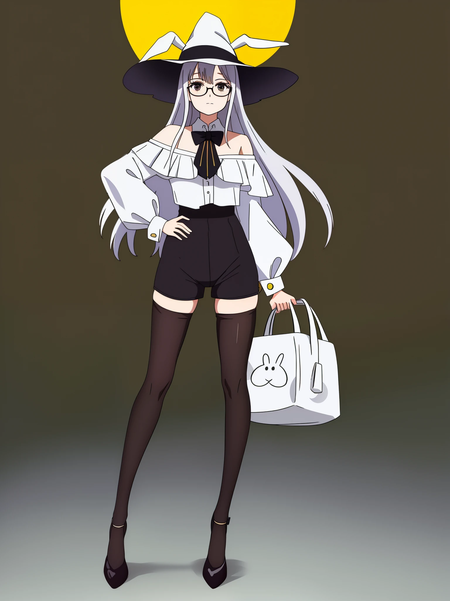 1girl, youtube, fernanda dias artwork, witch bunny, Brazilian ethnicity, black hair, white glasses, Black eyes, white off shoulder shirt, white sun hat with bunny ears, black short shorts, black thigh high leggings, black sandals, simple background, brazil background, fullbody portrait, standing,