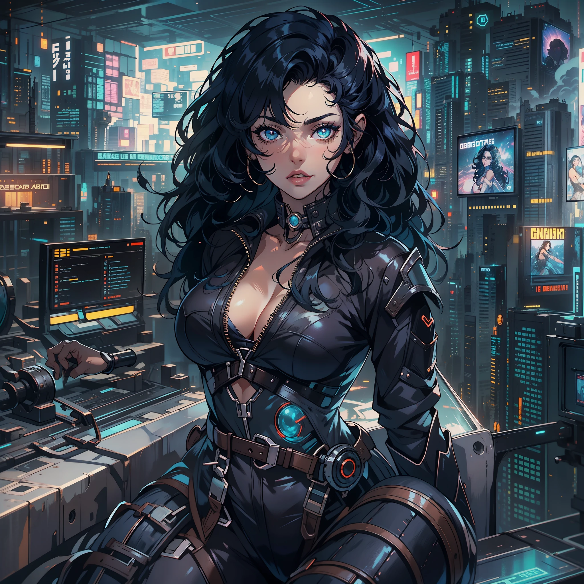 garota magra, branca, black hair curled and shabby, pose muito sensual, Beleza perfeita, Olhos bonitos Glossy Lips, seios muito pequenos aparecendo, mostrando os pequenos seios, cyberpunk