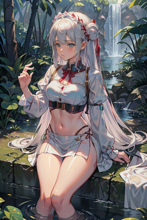 1 girl, adult, water nymph, long silver hair with bangs, blueish-silver eyes, small breasts, transparent bra, scared, mermaid, at a river, fish scales, ((hands behind back, body tied, hentai Rope Bondage , Hemp rope)), fish fins on head, mystical, looking at viewer