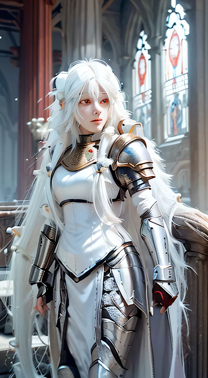 ((best quality)), ((masterpiece)), (detail: 1.4), 3D, beautiful female knight, (long white hair: 1.9), (red eyes: 1.7), (armor: 1.5), To know, temple background, A Gothic Church, human development report (high dynamic range), Ray tracing, NVIDIA RTX, super resolution, Unreal 5, subsurface scattering, PBR texture, post processing, Anisotropic filtering, depth of field, Maximum clarity and sharpness, multi-layer texture, Albedo and specular maps, surface coloring, Accurately simulate the interaction of light with materials, Perfect proportion, octane rendering, dichroic light, Large aperture, Low ISO, white balance, rule of thirds, 8K original,