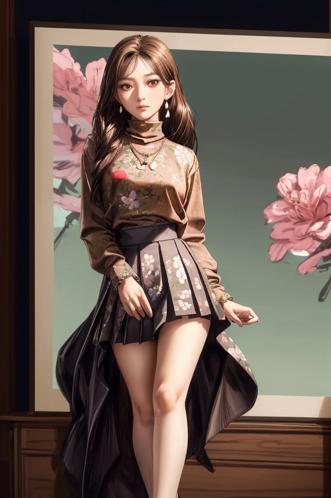 Li Yunsi,1girl,pleated skirt,jewelry,turtleneck,earrings,brown hair,necklace,long hair,brown eyes,(floral shirt:1.2),shirt,best quality,masterpiece,illustration,an extremely delicate and beautiful,CG,unity,8k wallpaper,Amazing,finely detail,masterpiece,official art,extremely detailed CG unity 8k wallpaper,incredibly absurdres,huge filesize,ultra-detailed,highres,extremely detailed,beautiful detailed girl,realistic,full frontal,full body