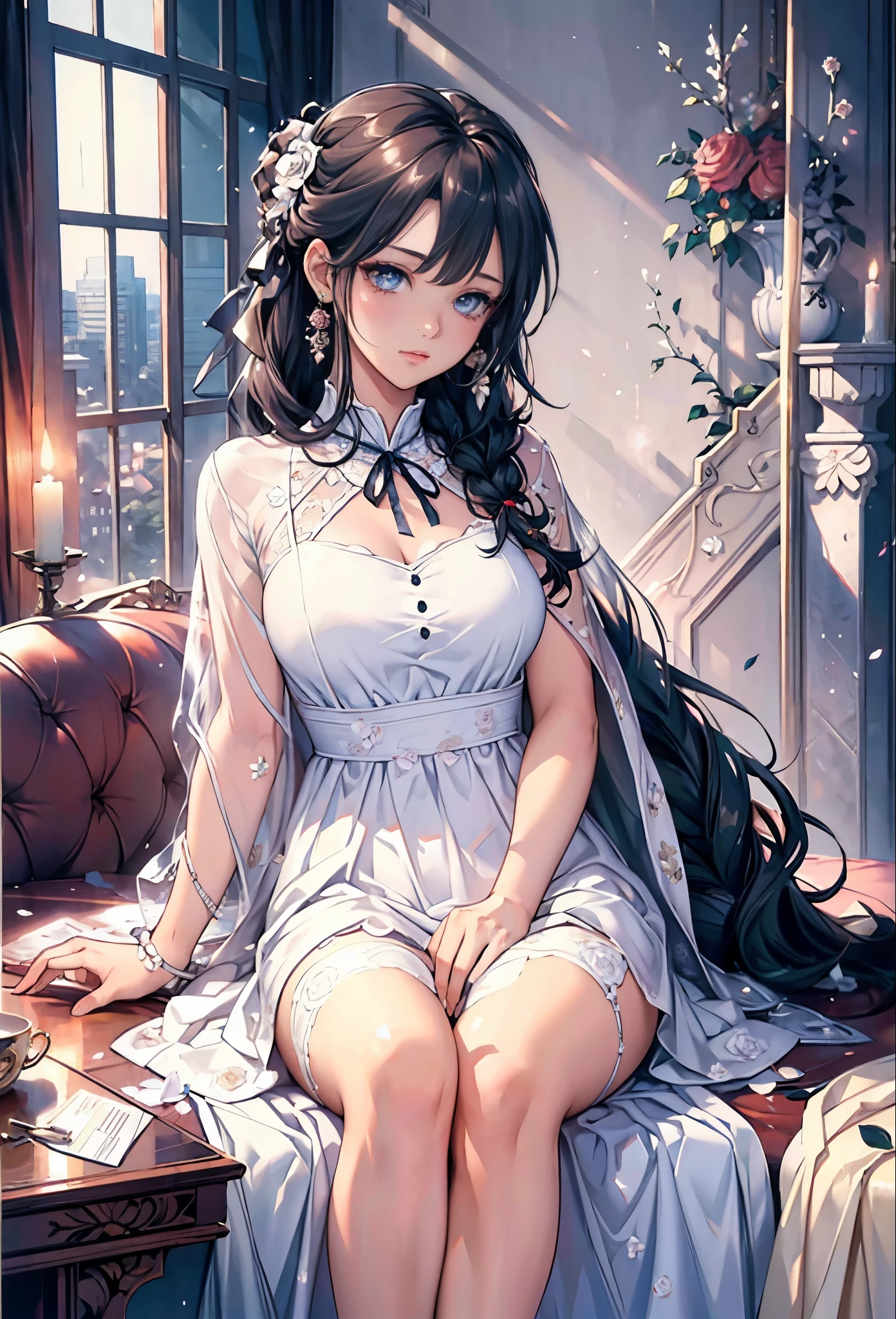 masterpiece, highest quality, High resolution, SA1, Two Beauties, Cute floral dress, Sparkly eyes, thighs, false eyelashes, Cute atmosphere, straight hair, ribbon, lots of roses,