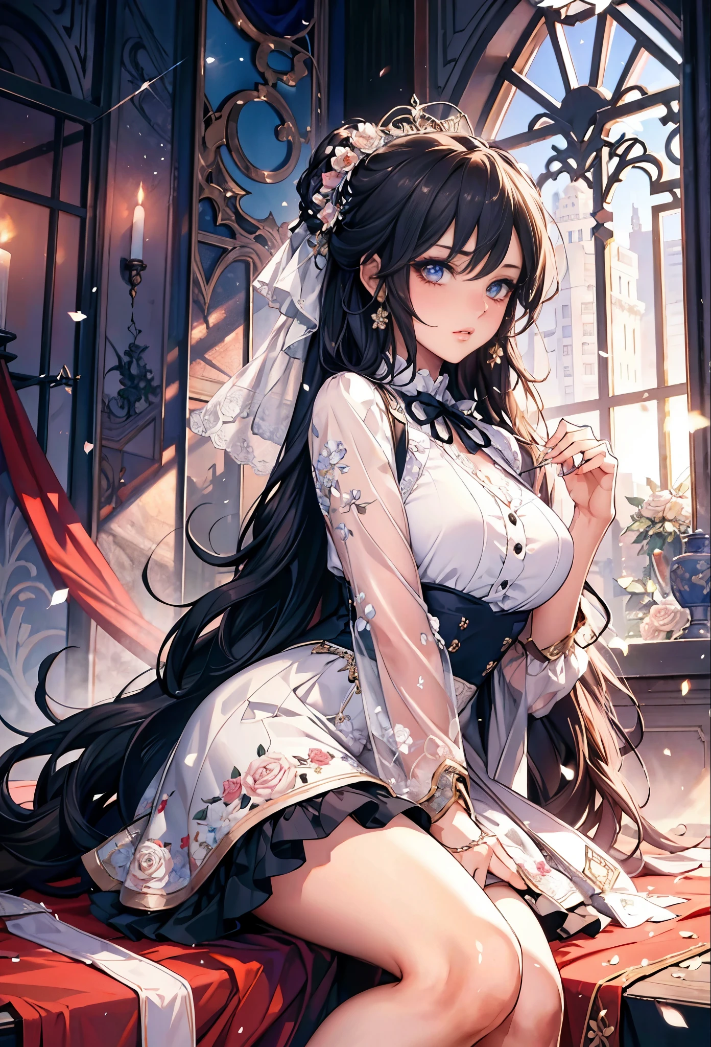 masterpiece, highest quality, High resolution, SA1, Two Beauties, Cute floral dress, Sparkly eyes, thighs, false eyelashes, Cute atmosphere, straight hair, ribbon, lots of roses,
