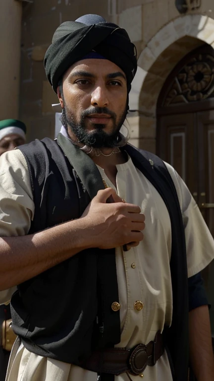 vieil homme arabe combattant du Hamas portant une robe turban marocaine rouge, visage super détaillé corps arabe médiéval super détaillé, debout tenant une arme, ou, éclairage, bâtiment détruit et rassemblement avec d'autres combattants, réaliste, détaillé,