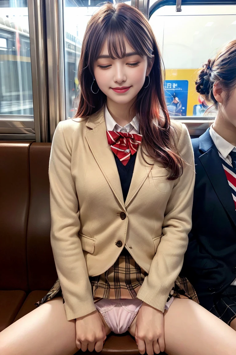 1 girl, extremely bright backlight, Solo, {Beautiful and detailed eyes}, Autumn morning, Large breasts, Calm expression, Natural and soft light, Delicate facial features, Blunt bangs, Beautiful Korean Girl, Smile in the eyes, very small earrings, 20yr old, ((model poses)), Glamour body type,(Colorful hair, half red hair、half brown hair:1.2),Real Hand, masutepiece, Best Quality, Photorealistic, Ultra-detailed, Finely detailed, High resolution,Brown messy hair, Perfect dynamic composition, Beautiful detailed eyes, Asian Girl,((nervous and embarrassed)),foco nítido, beauty mix, Movie Girl,(Smile:1.3),(Wearing a brown school blazer uniform,Brown pleated skirt:1.3),(Longhair:1.3),(Sitting in a train seat.:1.3),(Closed eyes:1.3),(tilting your head:1.1),(with spreading legs:1.4),(Hands behind your back:1.3),(I can see transparnt panties:1.5),fullllbody, sexy, naked, open tshirt