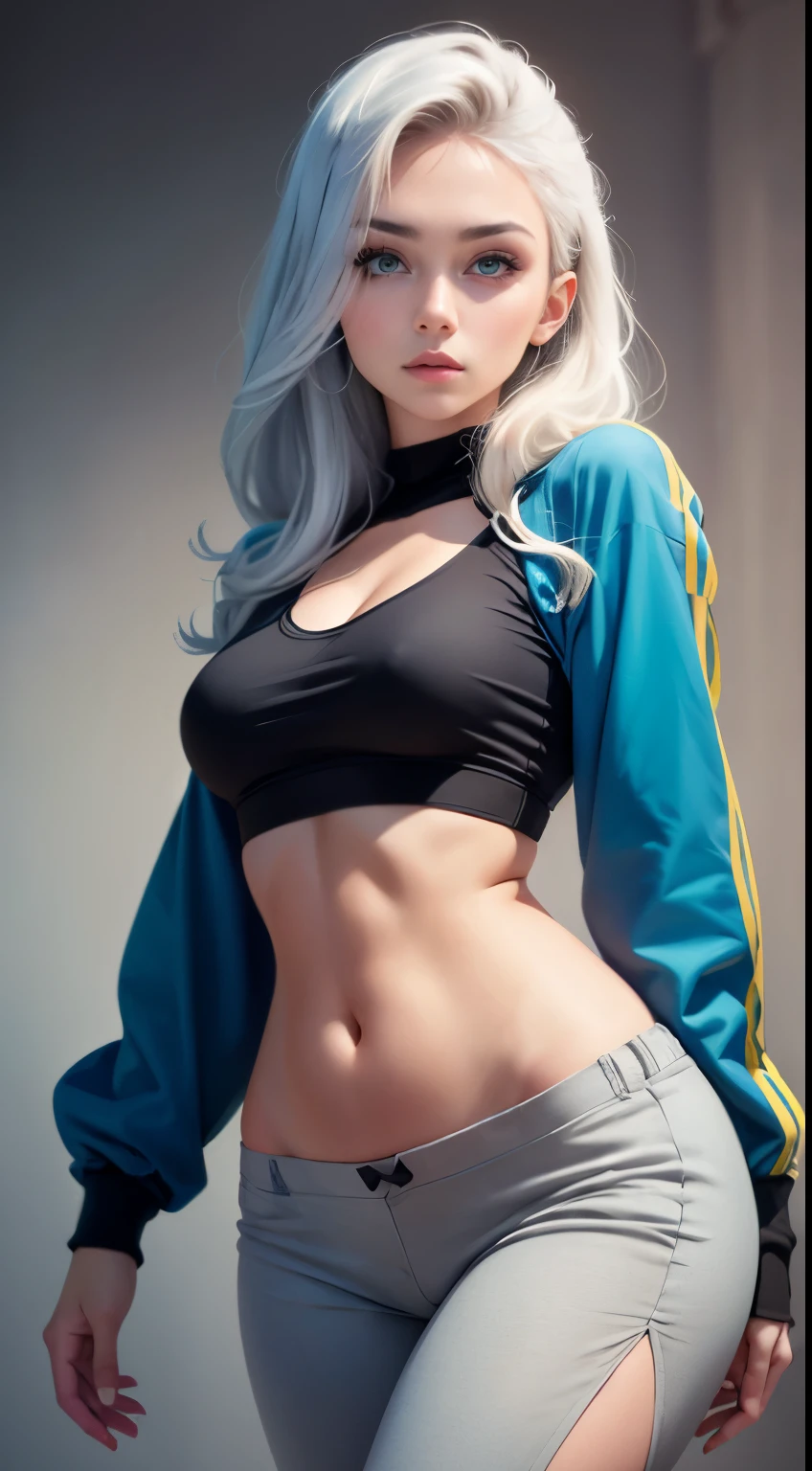 1 girl named Sarah with long light blue hair, dyed loose hair, Long hairstyle, perfect detailed face, Young pretty white girl, Hot-top model, Detailed symmetrical light green eyes with round irises, Beautiful, Walking and posing, Look at the observer, 19-year-old girl, looks like Madison Beer, extremely detailed face, Model, Realistic, Real life, perfect photorealistic picture, Realistic, hourglass figure, Stunning realistic photography, Detailed fingers, detailed realistic face, Soft fingers, real human nails, Extremely attractive girl, perfect detailed tan, small eyes, perfectly detailed face with realistic complexion and finely porous skin, small nose, Model, Perfect posture, Natural limbs, long legs, detailed symmetrical eyeballs, symmetric eyes, Realistic eyeballs, Realistic detailed eyes, cute plump closed lips, makeup, no long neck, no long waist, Perfect proportional body, seductive gaze, Looking in the direction of the viewer, Fascinating facial features, ah high, two arms, Two legs, one head, tiny breasts, realistic natural bodies, realistic shadows, Mystical epiphany, 8K, UHD, ((body facing the viewer, Pointing at the camera)), "wide-angle", Full-body shot, full pose, (photo studio white background), tempt a little, Cinematic world, Cover photo in the center of Hyperealistic, Stunning full-color, Cinematic, neoprene, behance contest winner, portrait of a, presented at Unsplash, stylized digital art, Smooth, extra high resolution, She wearing a large white long T-shirt and black Acronym J36-S sweatpants (T-shirt only white), black and white sneakers, instagram model, 80mm , Streetwear , (((oblique view))) , Realistic,round ass