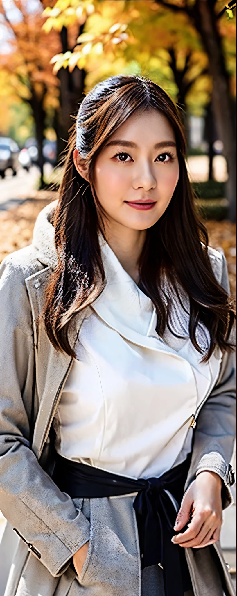 (8k, RAW photos, top quality, masterpiece: 1.2, ultra detailed, super resolution, real photos: 1.37), (Full body:1), 1 noble elegant Japanese lady, (standing contrapposte), winter season, ((black color coodinate, wearing over-size nouton coat, winter fluffy scarf, grey long skirt, legging, wearing long boots)), Shiny, Smile, Looks like 1.8 meters tall, large pelvis, Large breasts, big cuvy hips, Thin waist, Long legs, skin hyper-detail, 20 years old, Perfect face, (Detailed facial features), Wavy hair, Daylight, autumn season, snazzy cafe,