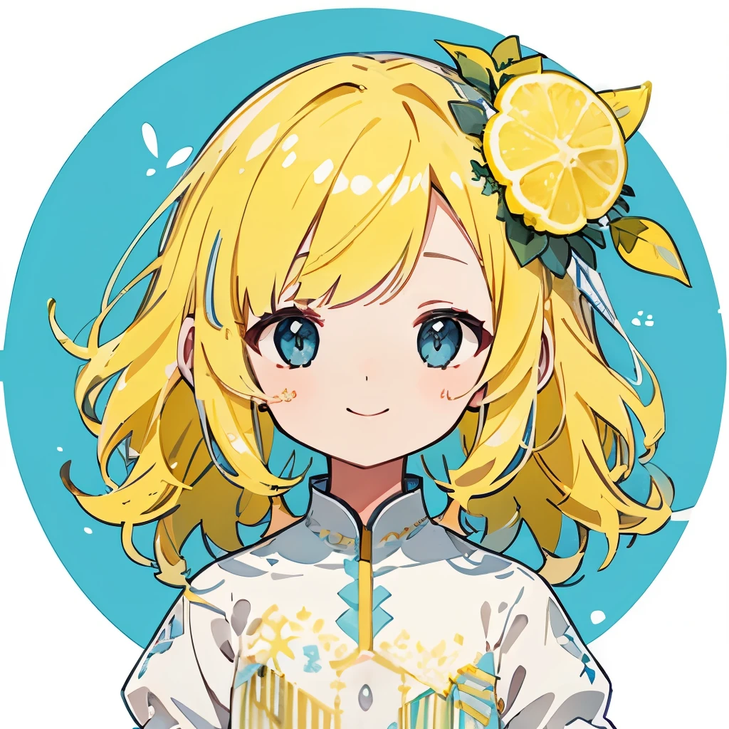 transparent watercolor、girl、Jewel Eyes、Beautiful arrangements and motifs、Depth of bounds written、flat avatar, 1girl, Smile, Light yellow hair((medium hair、wavy hair)), hair with white tips, Fashionable Design Clothing((blue and white)),background white, Cute Girl、Yellow theme、lemonade、Lemon hair ornament、foliages、Transparent dress、A fluffy dress、Transparent feather robe、yellow transparent、glitter lemon、beautiful girl、smile gently、Transparent cloth、exposed、summer-like、Yellow and green、cheerful girl、Banzai