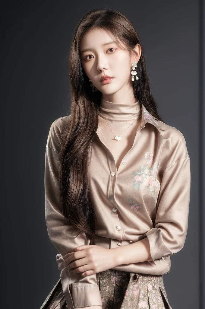 Li Yunsi,1girl,pleated skirt,jewelry,turtleneck,earrings,brown hair,necklace,long hair,brown eyes,(floral shirt:1.2),shirt,best quality,masterpiece,illustration,an extremely delicate and beautiful,CG,unity,8k wallpaper,Amazing,finely detail,masterpiece,official art,extremely detailed CG unity 8k wallpaper,incredibly absurdres,huge filesize,ultra-detailed,highres,extremely detailed,beautiful detailed girl,realistic,full frontal,full body