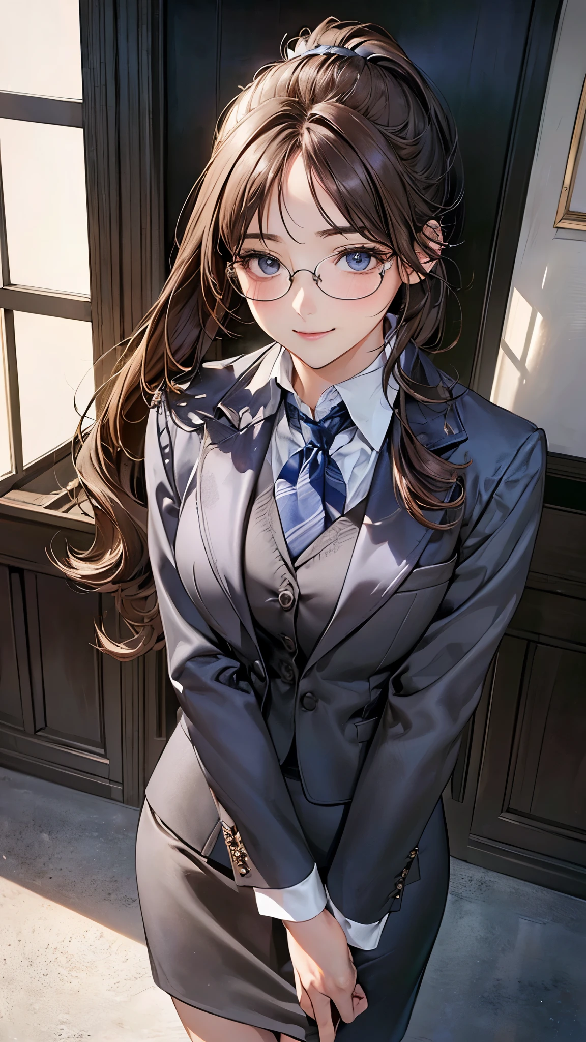 (masterpiece:1.2, top-quality), (realistic, photorealistic:1.4), beautiful illustration, (natural side lighting, movie lighting), nsfw,
looking at viewer, cowboy shot, front view:0.6, 1 girl, japanese, teacher, perfect face, cute and symmetrical face, shiny skin,
(long hair:1.2, ponytail:1.2, forehead, sidelocks, brown hair), blue eyes, long eye lasher, (large breasts:0.8),
beautiful hair, beautiful face, beautiful detailed eyes, beautiful clavicle, beautiful body, beautiful chest, beautiful thigh, beautiful legs, beautiful fingers,
((detailed cloth texture, (dark grey business suit jacket), white collared shirts, dark grey tight skirt, high heels), wayfarer glasses),
(beautiful scenery), evening, riverside, standing, have a binding file, (graceful, smile, upper eyes),