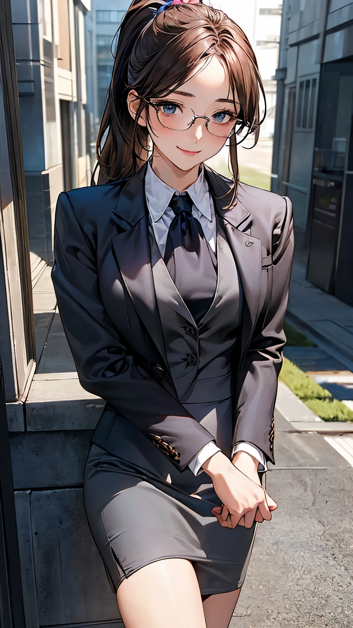 (masterpiece:1.2, top-quality), (realistic, photorealistic:1.4), beautiful illustration, (natural side lighting, movie lighting), nsfw, 
looking at viewer, cowboy shot, front view:0.6, 1 girl, japanese, teacher, perfect face, cute and symmetrical face, shiny skin, 
(long hair:1.2, ponytail:1.2, forehead, sidelocks, brown hair), blue eyes, long eye lasher, (large breasts:0.8), 
beautiful hair, beautiful face, beautiful detailed eyes, beautiful clavicle, beautiful body, beautiful chest, beautiful thigh, beautiful legs, beautiful fingers, 
((detailed cloth texture, (dark grey business suit jacket), white collared shirts, dark grey tight skirt, high heels), wayfarer glasses), 
(beautiful scenery), evening, riverside, standing, have a binding file, (graceful, smile, upper eyes), 