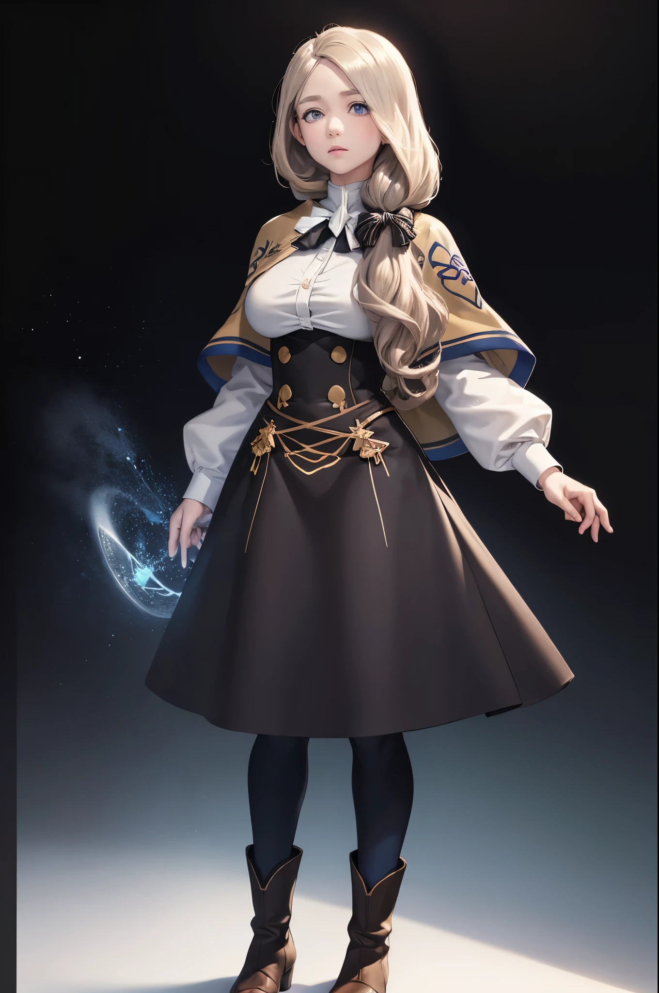 masterpiece, best quality, defMercedes, capelet, hair bow, white shirt, black skirt, blue leggings, brown boots, standing, whole body, black background, large breasts, simple background, FEH, casting magic, holy magic, white theme 