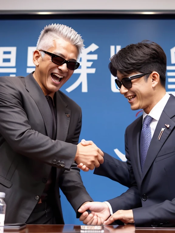 news photos, press conference, Japanese, Two male presidents shaking hands, Man 1 has glasses, gray hair, uncle, very loud laugh, Man 2 has a mohawk, sunglasses, ear piercing, Both men are wearing suits