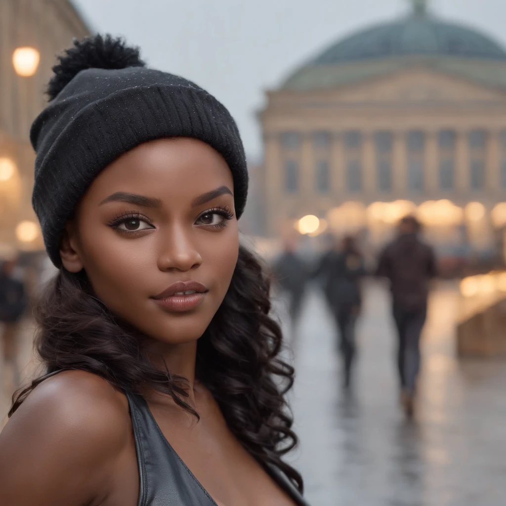 ((Dark African skin, Very deep ebony skin)), ((Its beauty  undeniable)), ((Excited cute face)), ((Hyper detailed perfect eyes,)), ((pose mignonne)), ((Langue sortie)), ((Seductive )), sexy, ((beanie, black leather warm winterjacket, jeans)), ((Afro ponytail with long African curly hair, mascara, lipstick)), ((debout, vue de face)), ((toucher ses propres jambes dans une pose sexy)), ((Berlin, Germany, rain, storm, Ville publique, people in the background)), Sharp Focus CGI, photoreallistic, High detail, Realstic, Masterpiece, absurdes, Best quality, Hdr, High quality, high-definition, Extremely detailed, 8k wallpaper, Intricate details, 8K UHD, Full-HD, (photo realist:1.2), contraste, intense illumination, lighting cinematic, natural lighting, veilleuse, Nuit, Illumination globale, a la piscine African women、Female sexy、
