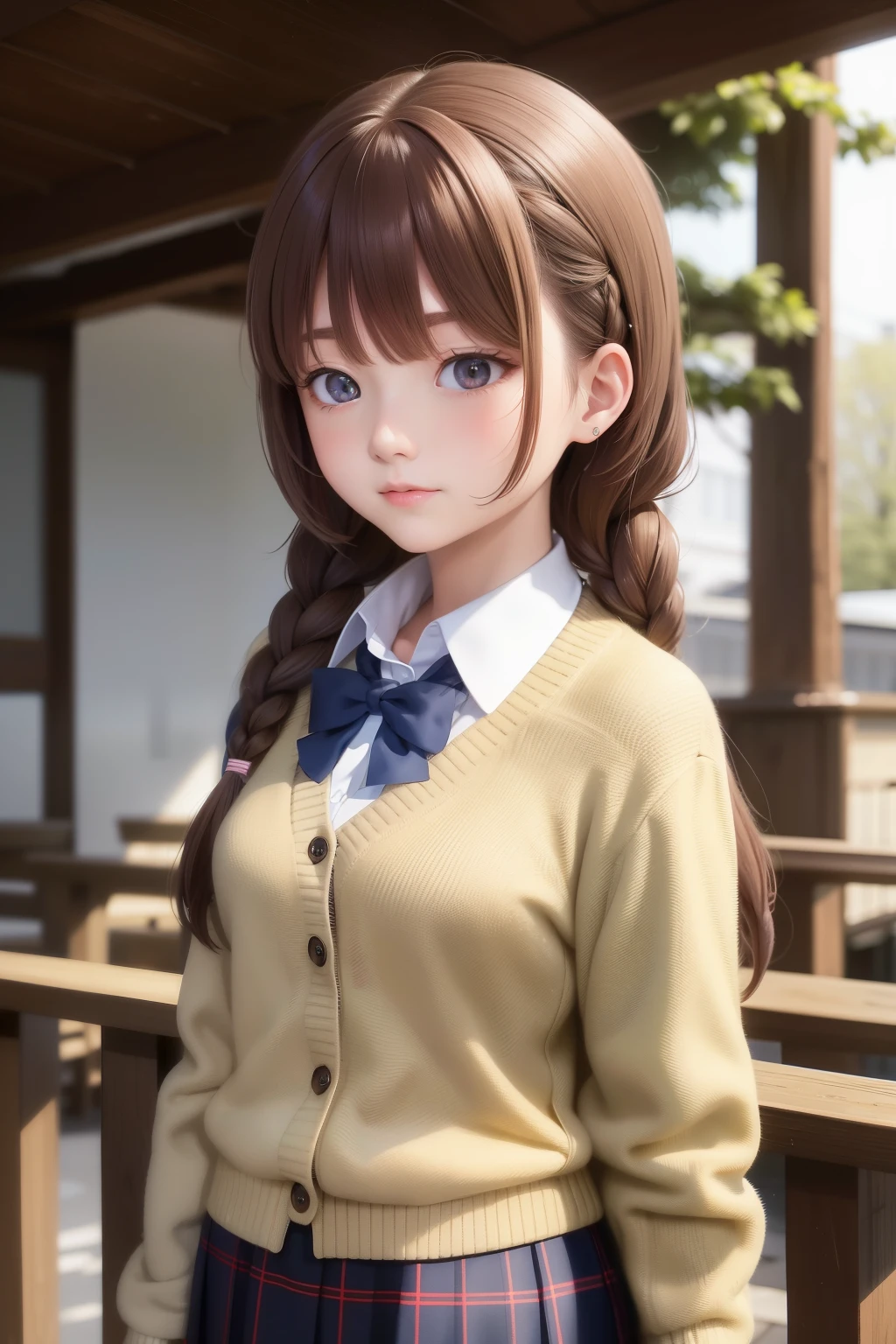A schoolgirl, with her chestnut brown hair tied in two neat braids, is captured in an 8k anime-style image. She's wearing her typical school uniform, consisting of a white blouse, plaid skirt, and a cardigan sweater draped over her shoulders. Her bright blue eyes are focused intently on something in the distance, giving the impression of deep concentration. The high-resolution image, with its muted colors and intricate details, is akin to a masterpiece, showcasing the best qualities of anime art.