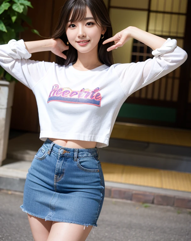 beautiful,K-POP idol,japanese idol,japanese actress,High resolution,beautiful skin,8K,RAW photo,highest quality,masterpiece,realistic,photo-realistic,clear,professional lighting,beautiful顔,highest quality,超High resolution,beautiful eyes,sexy,beautiful唇,white teeth,beautiful歯列,smile,whole body,beautiful脚,tight mini skirt,panty shot,Upskirt,Denim skirt,